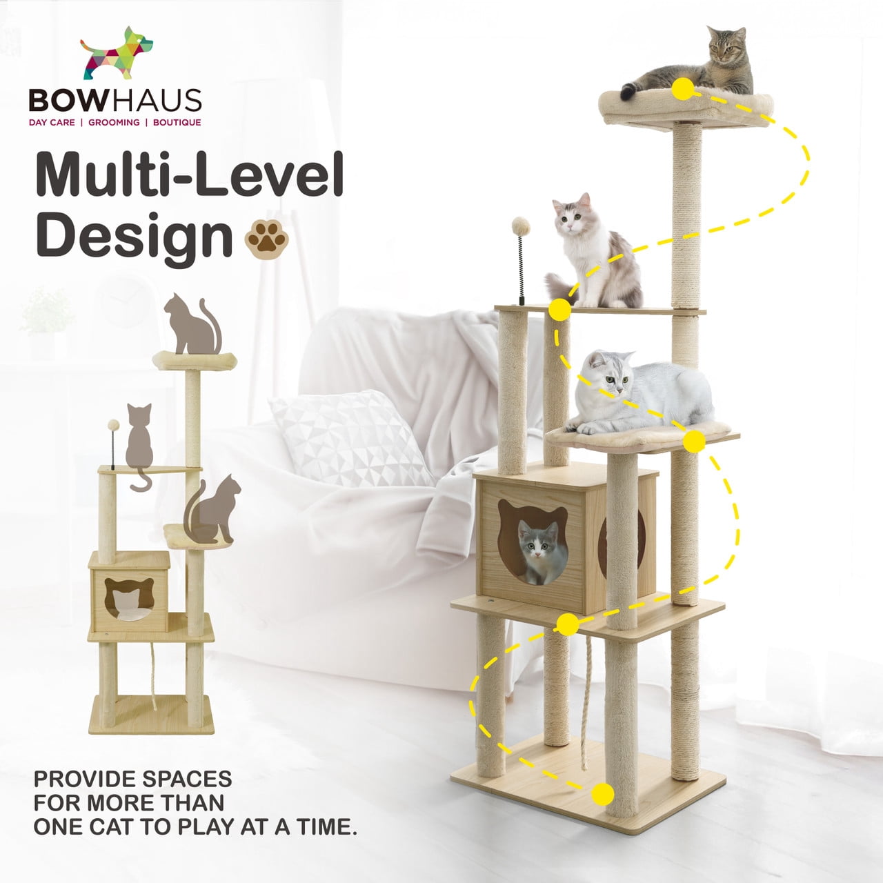 CAPHAUS 65-inch Multi-level Cat Tree with Cat Cave Condo & Top Perch, Tall Wooden Cat Tower for Indoor Cats with Scratching Posts, Detachable Cushion, Interactive Balls, Top Perch
