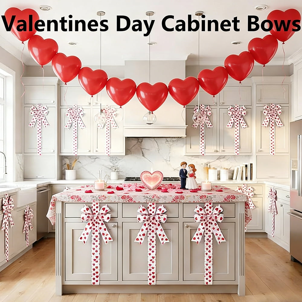 6Pcs Valentines Day Cabinet Ribbon Bows Set Heart Print Fabric Bows for Window & Kitchen Decorations, Party Supplies(Red Love)