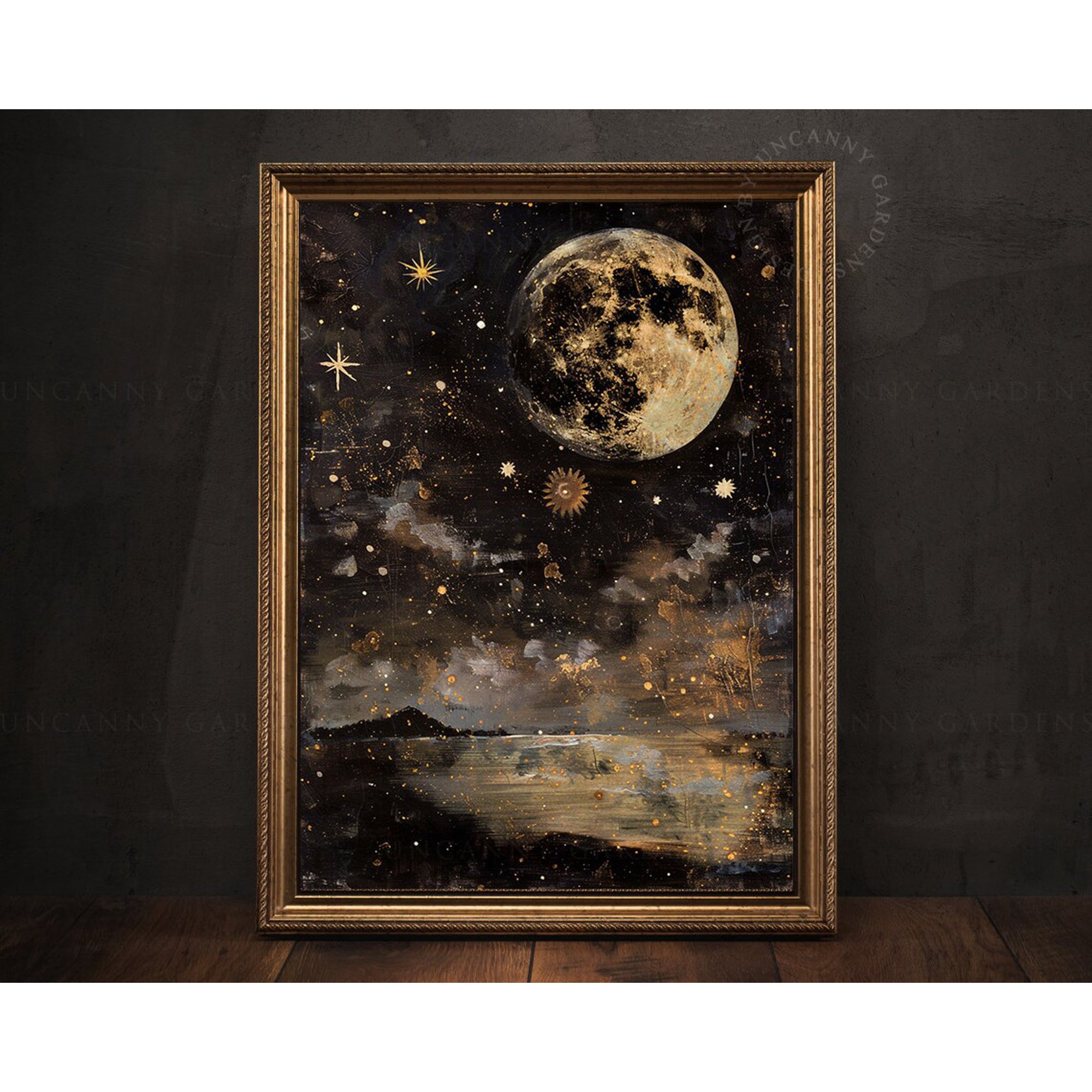 Moon And Stars Wall Art Print With Dark Cottagecore And Witchy Celestial Decor Unframed Paper Print