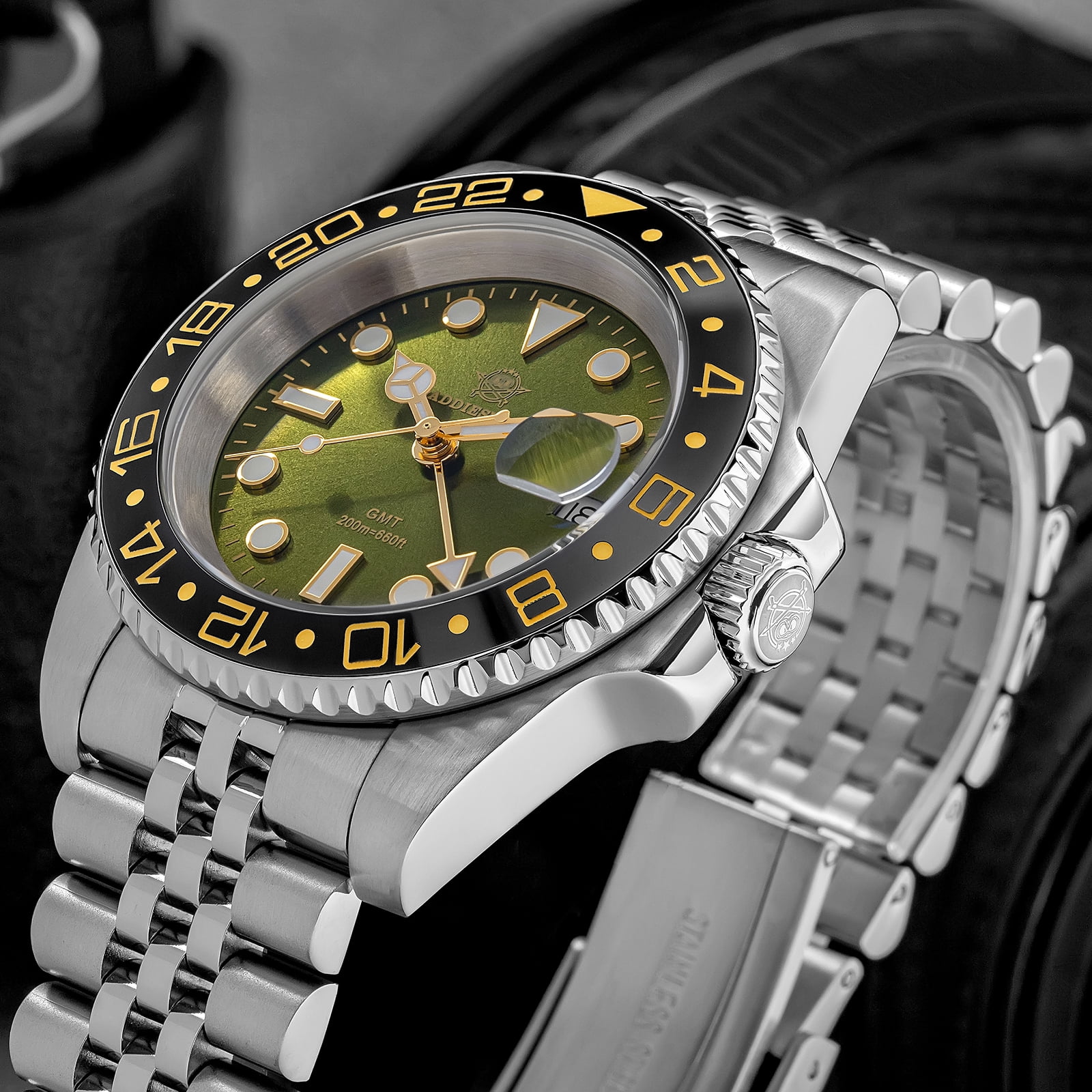 ADDIESDIVE GMT Watches for Men with Swiss Movement, 200M Waterproof Dive Watch, Luminous Ceramic Bezel Dual Time Zone for Travel & Busines