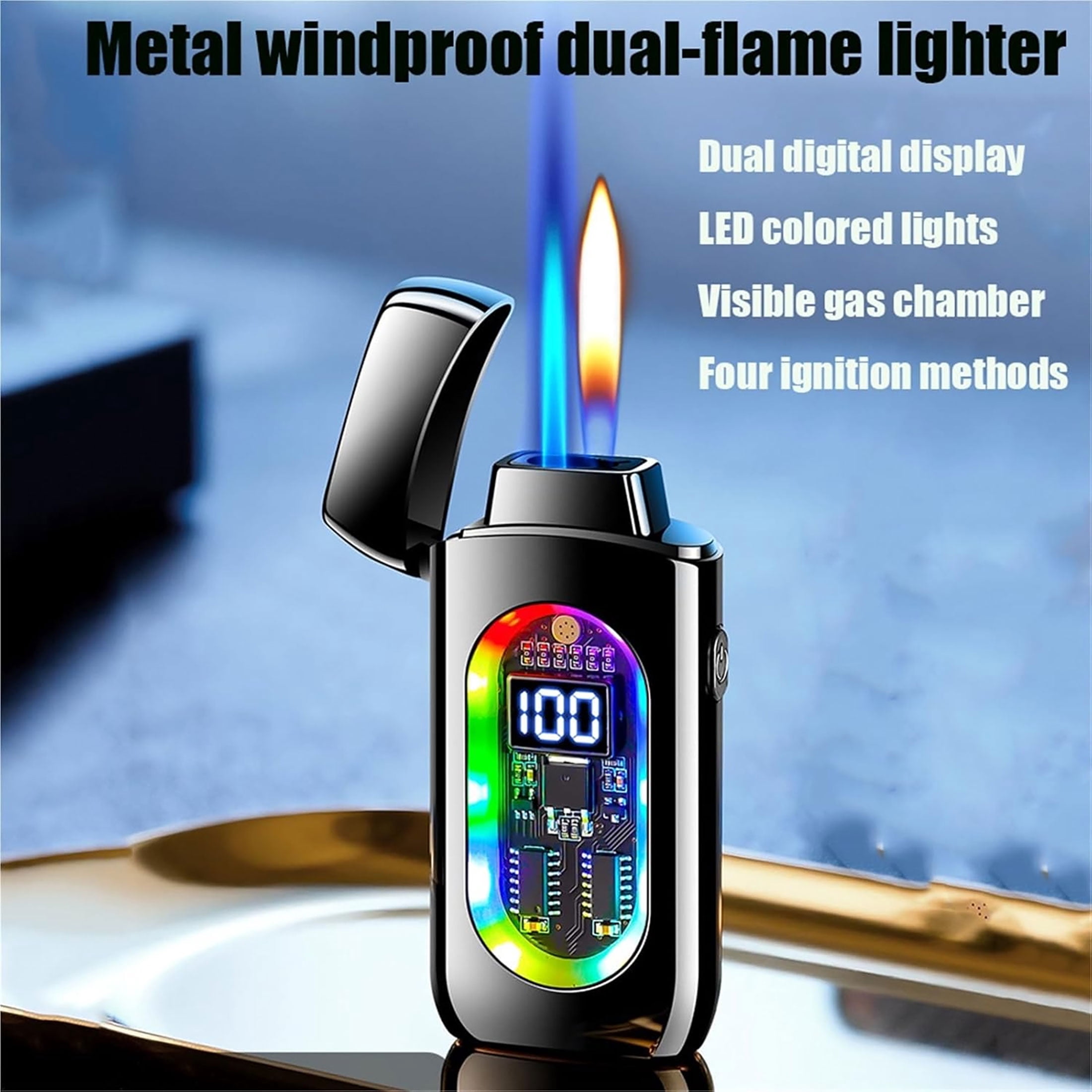 Dual Flame Metal Windproof Lighter with LED Display - USB Rechargeable, Visible Gas Chamber, 4 Ignition Modes, Colorful Lights for Camping, Grill & Candle