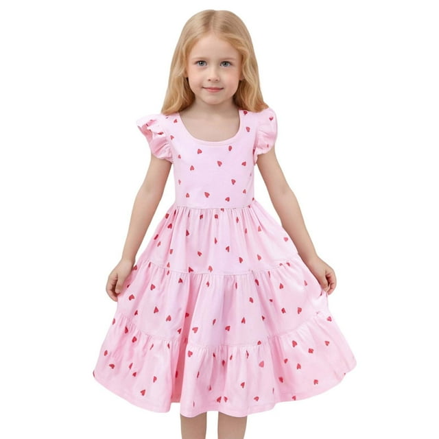 Robes de Printemps pour Adolescentes Robe Trapèze pour Fille Manches à Volants Robe Rose Robe Chic pour Filles