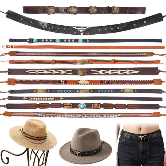 12Pcs Adjustable Cowboy Hat Band Vintage PU Leather Straw Hatband Belt Decoration for Women Men Cowgirl Cowboy Decor