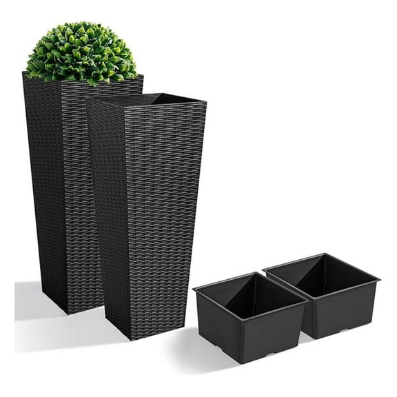 Set of 2 Resin Rattan Tall Planters for Outdoor Plants, Large Tapered Planters with Drainage Holes&Inner Trays, Flower Pots for Garden, Patio, Porch, Backyard (Black, 32'')