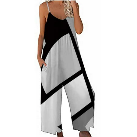 

Women Jumper Harem Jumpsuit V Neck Spaghetti Strap Comfy Rompers Women Print Jumpsuit Pajamas Casual Sling Wide Leg Long Pants Gray XXL