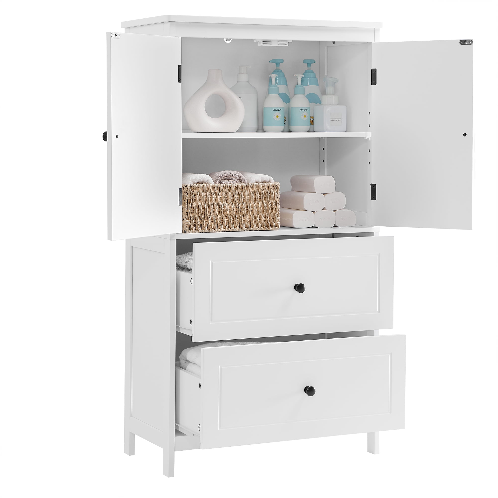 Bathroom Storage Cabinet, Cabinet with Two Doors and Drawers, Adjustable Shelf