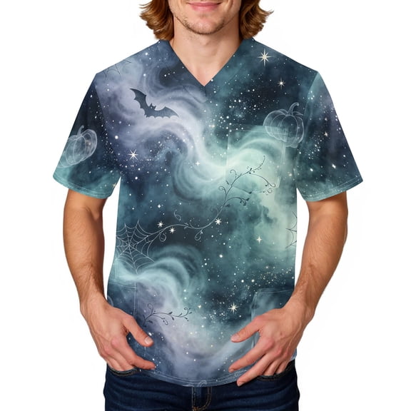 Halloween Scrub Tops for Men Novelty Bat Graphic Short Sleeve V-Neck Scrub Shirts Halloween Medical Plus Size Scrub T Shirts