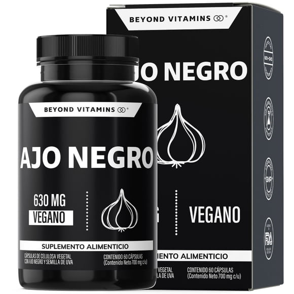 Beyond Vitamins | Ajo Negro Cápsulas Natural 630mg Con Semilla De Uva , Cápsulas Veganas - Sin Conservantes - Antioxidante Natural -  Sin Sabor - Black Garlic - Vitaminas Mujer / Hombre -(60 Cápsulas)