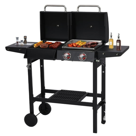 CIG GARDEN 2 Burner Gas and Charcoal Combo Grill, 21,000 BTU Output Outdoor Barbecue Grill with Cast Iron Grates and Versatile Mini Grill Pan