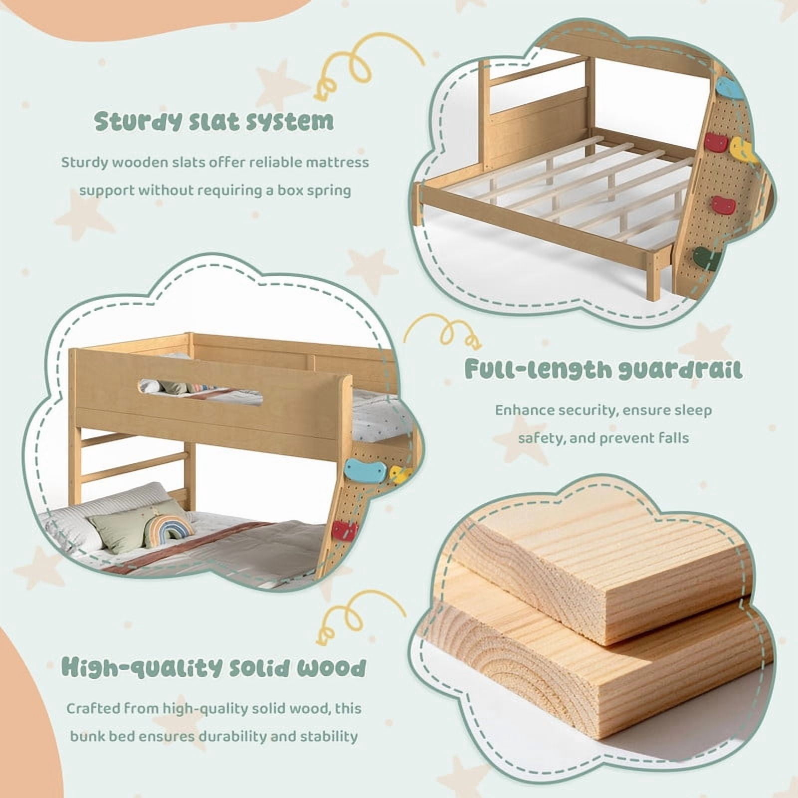 Twin XL Over Queen Bunk Bed with Built-In Wardrobe & Storage, Solid Wood Kids Bunk Bed with Guardrails, Rock Climbing Wall & Upgraded Slats, No Box Spring Needed
