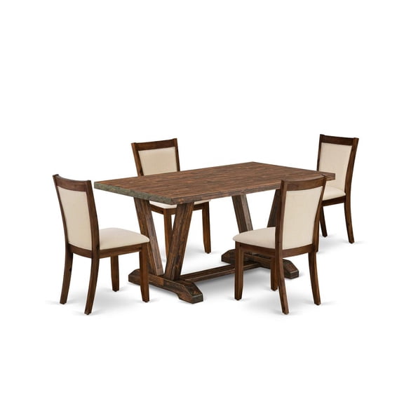 East West Furniture Dining Table and 4 Light Beige Chairs in Distressed Jacobean