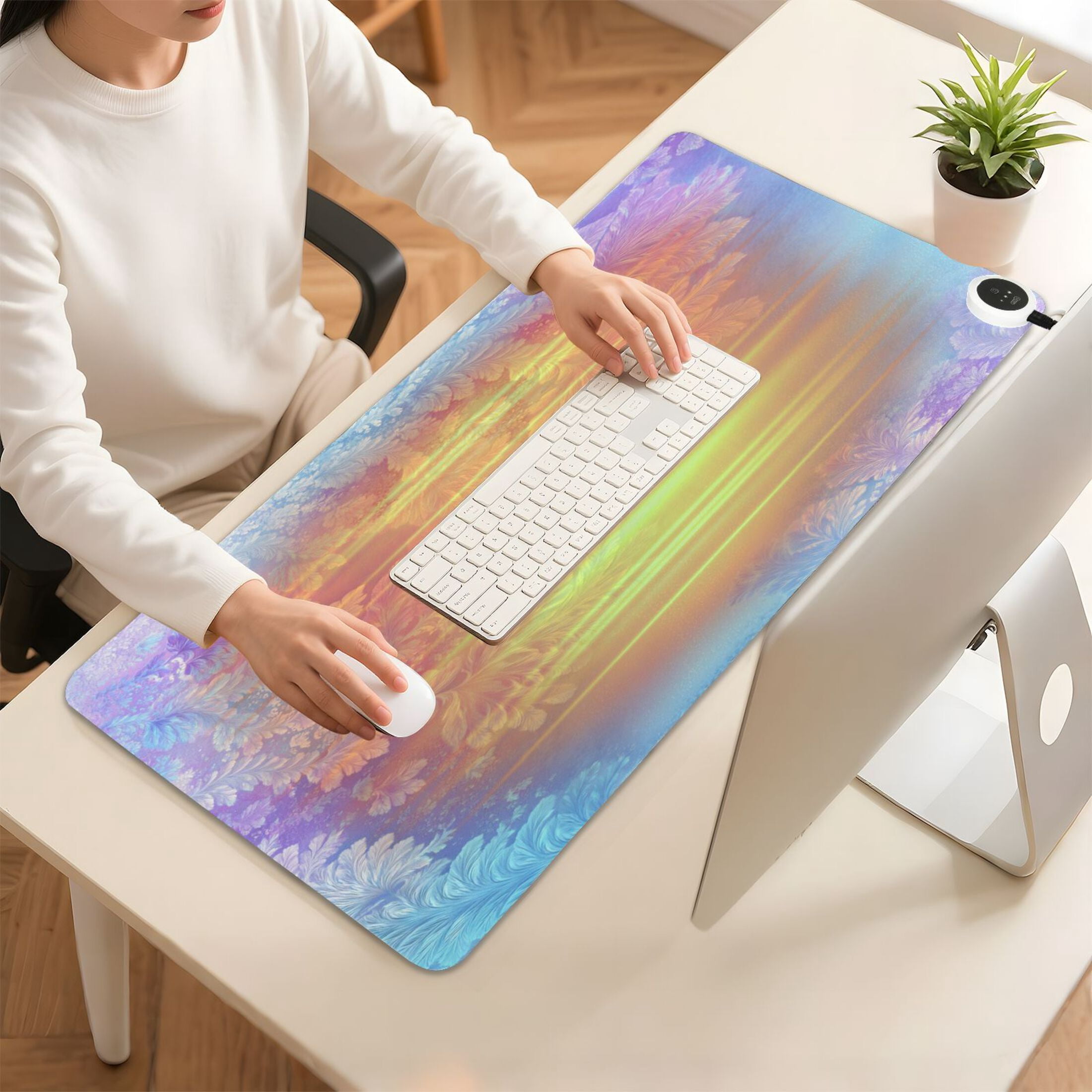 Large Heated Desk Mat Mouse Pad 31.5"x13"PU Leather Graphene Heating Desk Warmer with 3 Temperature Settings 110V US Plug Non-Slip Warm Pad for Home, Office, and Gaming Frosty Floral Ice Pattern