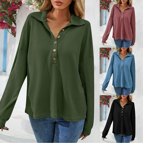 HAPIMO Women's Turn Down Collar Shirts Fall Loose Basic Tops Fashion Casual Quarter Button Down Workout Long Sleeve Cotton Lined Tees Solid Color Blouses Green L