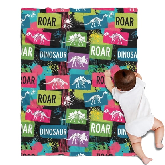 Colorful Dinosaurs Skeletons Text Pattern Blanket,Comfortable Soft Lamb Wool Throw Blanket,All Season,Warm Lightweight Blankets for Sofa Bed Couch Living Room Chair,30"x40"