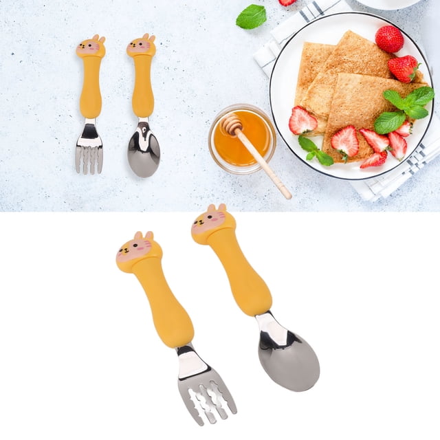 Cute Toddler Fork and Spoon Set Shaped Spoons with PP Handle Stainless Steel Tableware for Feeding Training Attractive Cartoon Design Promote Self Feeding Skills