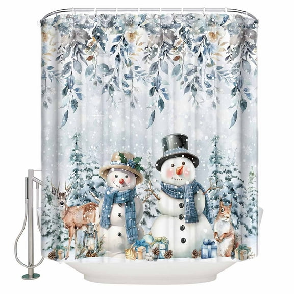 Fabric Shower Curtain, Grey Christmas Blue Scarf Snowman Elk Xmas Tree Flowers Bathroom Curtain with 12 Hooks Waterproof No Bad Odor Machine Washable Bath Curtains for Bathroom, Spa Room, 72"x84"