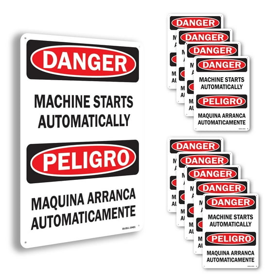 Machine Starts Automatically Bilingual OSHA Danger Rigid Plastic Sign 14 Inch x 10 Inch - 10 Pack