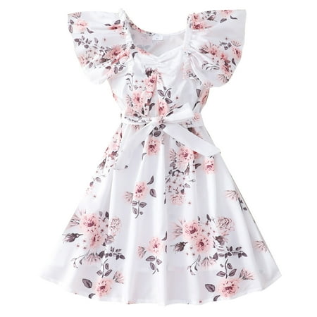 

LIhncine Girls Dress Toddler Girls Child Fly Sleeve Floral Prints Summer Beach Sundress Party Dresses Princess Dress (White 10-11 Years)