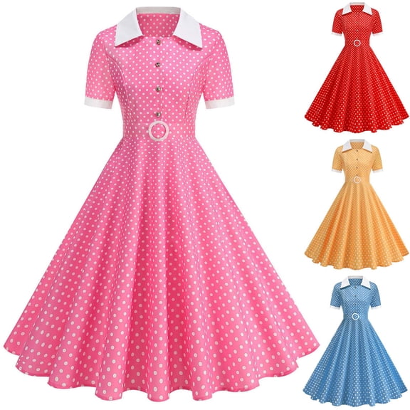 FRSASU Women's Notch Lapel Vintage Short Sleeve Cocktail Swing Dress Polka Dot 1950s Rockabilly Prom Midi Dress Yellow