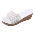 thumbnail image 6 of Rokment Women's Sparkly Sequin Pearl Platform Wedge Dressy Slip On Sandals Bridal Bling Elegant Platform Chunky Heeled Dress Slides for Bride Wedding Summer White Size 8, 6 of 7