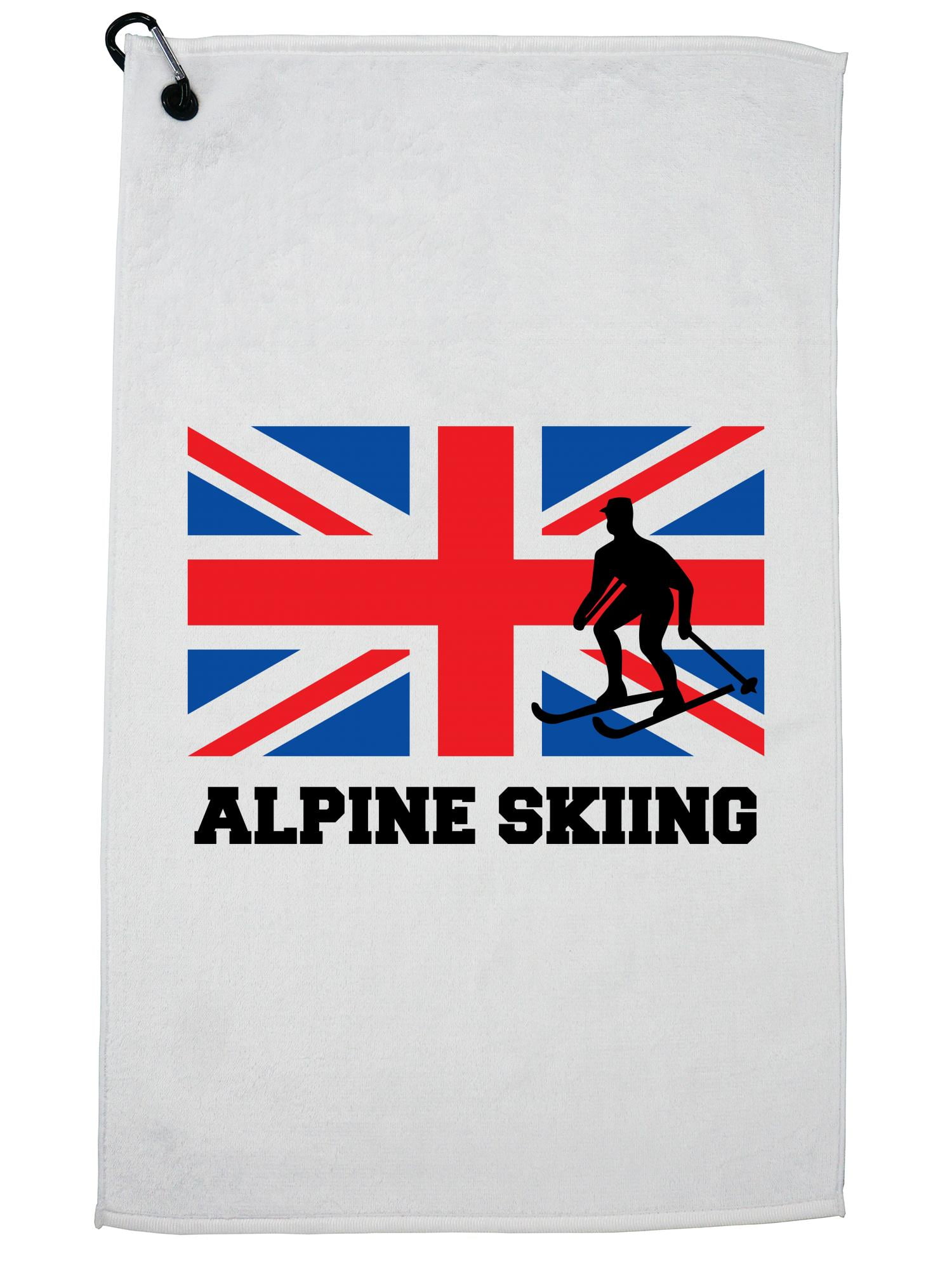 Great Britain Olympic Alpine Skiing Flag Silhouette Golf Towel with Carabiner Clip by Hollywood Thread