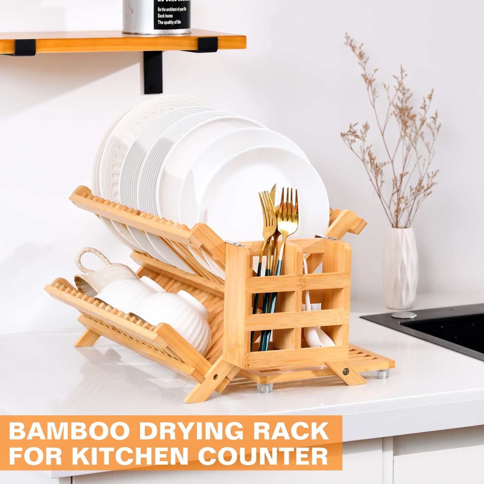3-Tier Foldable Bamboo Dish Rack with Utensil Holder, Space-Saving Drying Organizer for Small& Apartments