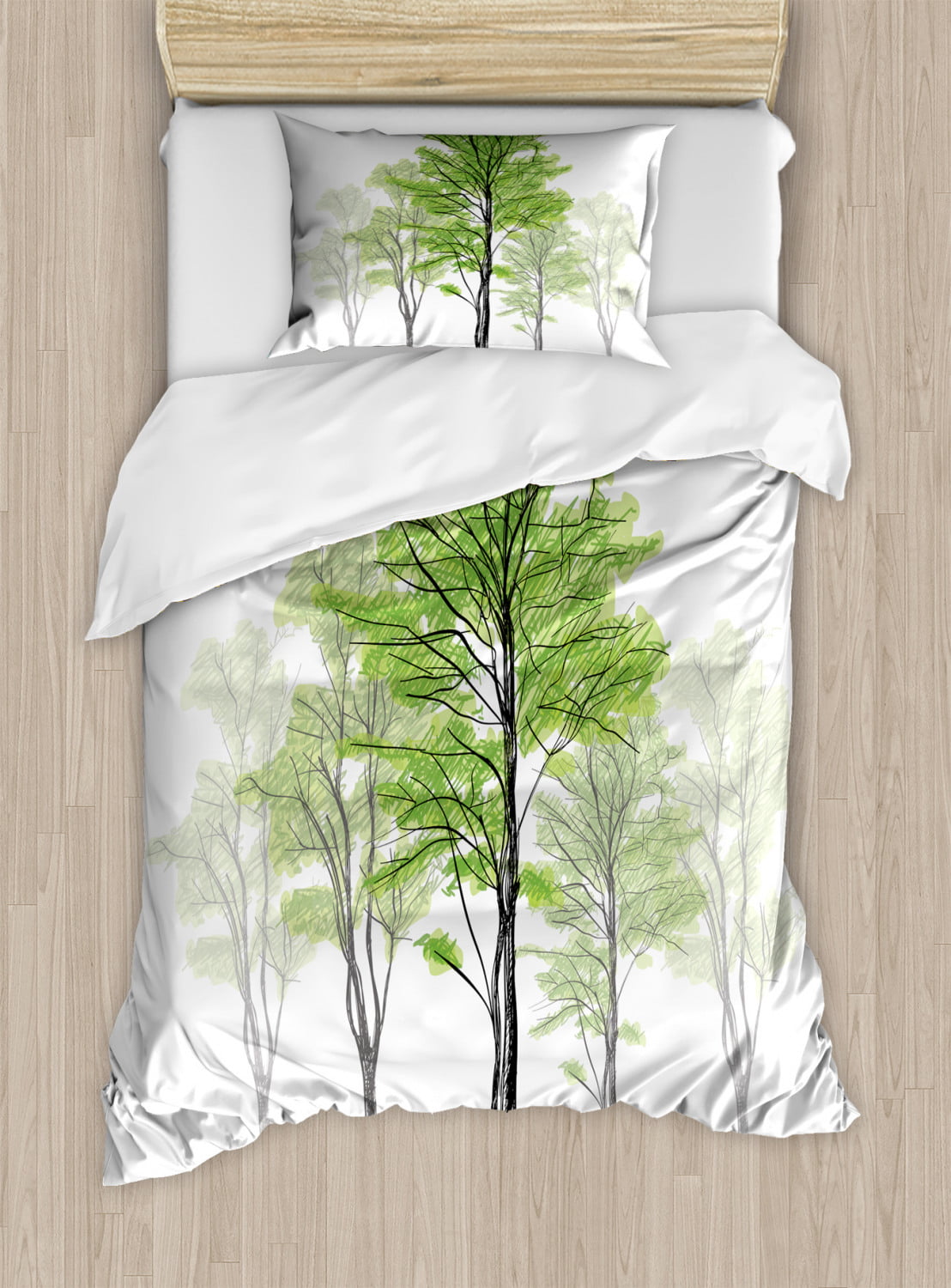 Forest Duvet Cover Set Sketch Style Tree With Green Leaves