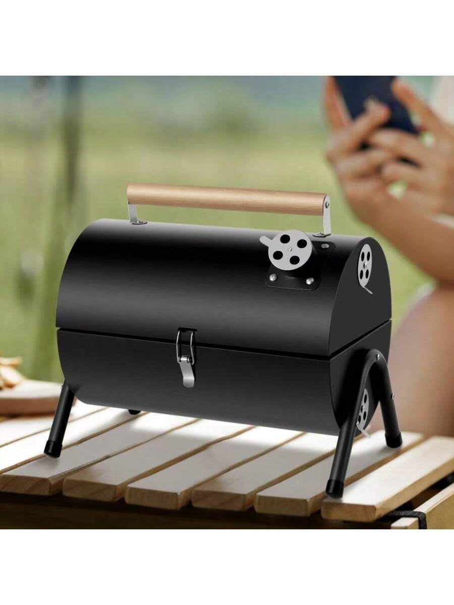 Portable Charcoal Grill and Compact Barrel Smoker, Foldable Double-Sided BBQ Grill for Camping and Tailgating, Stainless Steel with Wood Handle, Black