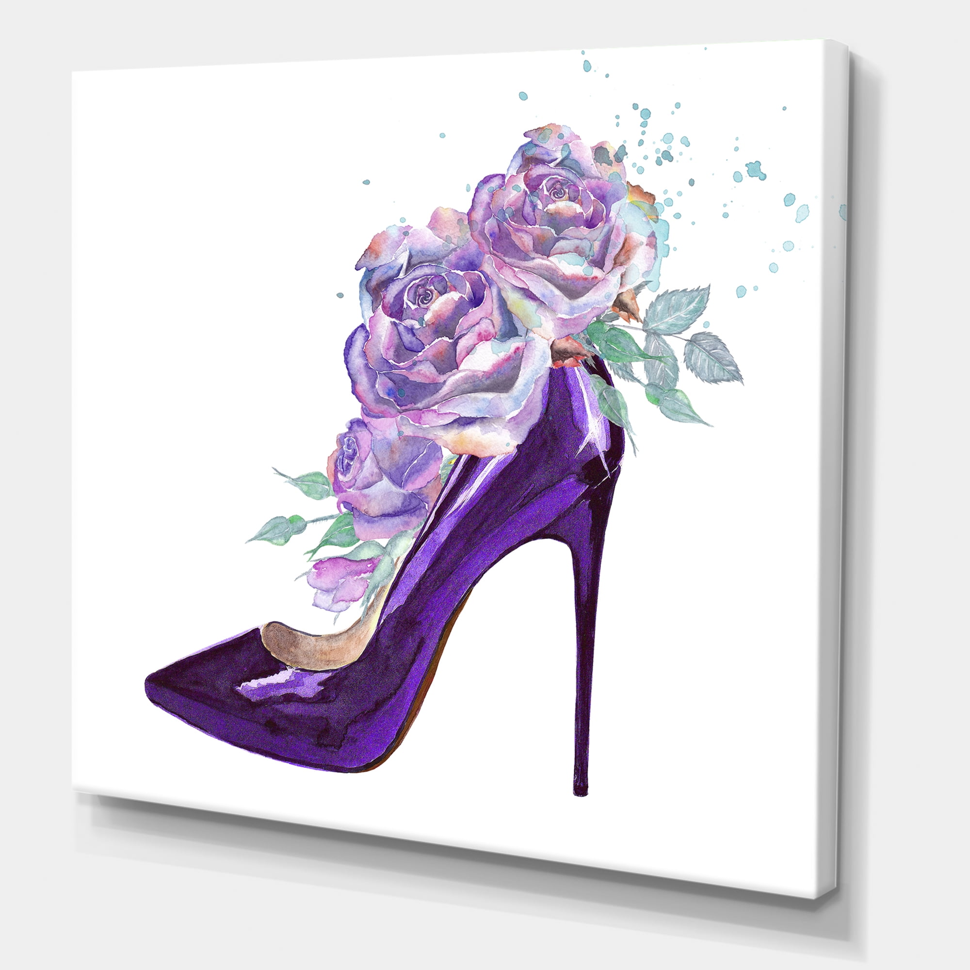 Designart ' Pink VIolet Roses With Dark Purple Stiletto Shoe ' Traditional Canvas Wall Art Print