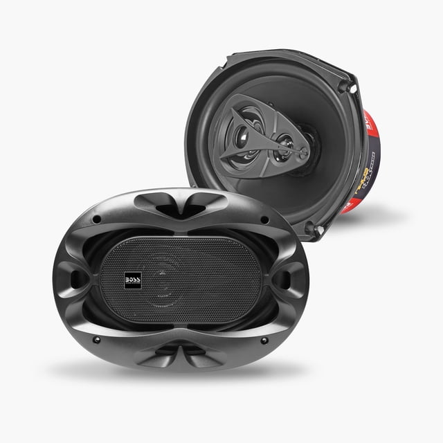 boss audio systems ch6940b chaos exxtreme series 6 x 9 pulgadas altavoces para puerta de coche – 500 vatios máximo (por par), coaxial, 4 vías, rango completo, 4 ohmios, se venden en pares, bocinas Vista frontal y trasera de un par de bocinas coaxiales 6 x 9 pulgadas en color multicolor con rejilla protectora ovalada, conos y tweeters visibles en configuración de 4 vías y carcasa de montaje negra; etiqueta de marca roja en el lateral. Diseñadas para instalación en puertas de autos; también se suelen usar en proyectos de audio personalizado por su tamaño compacto.
