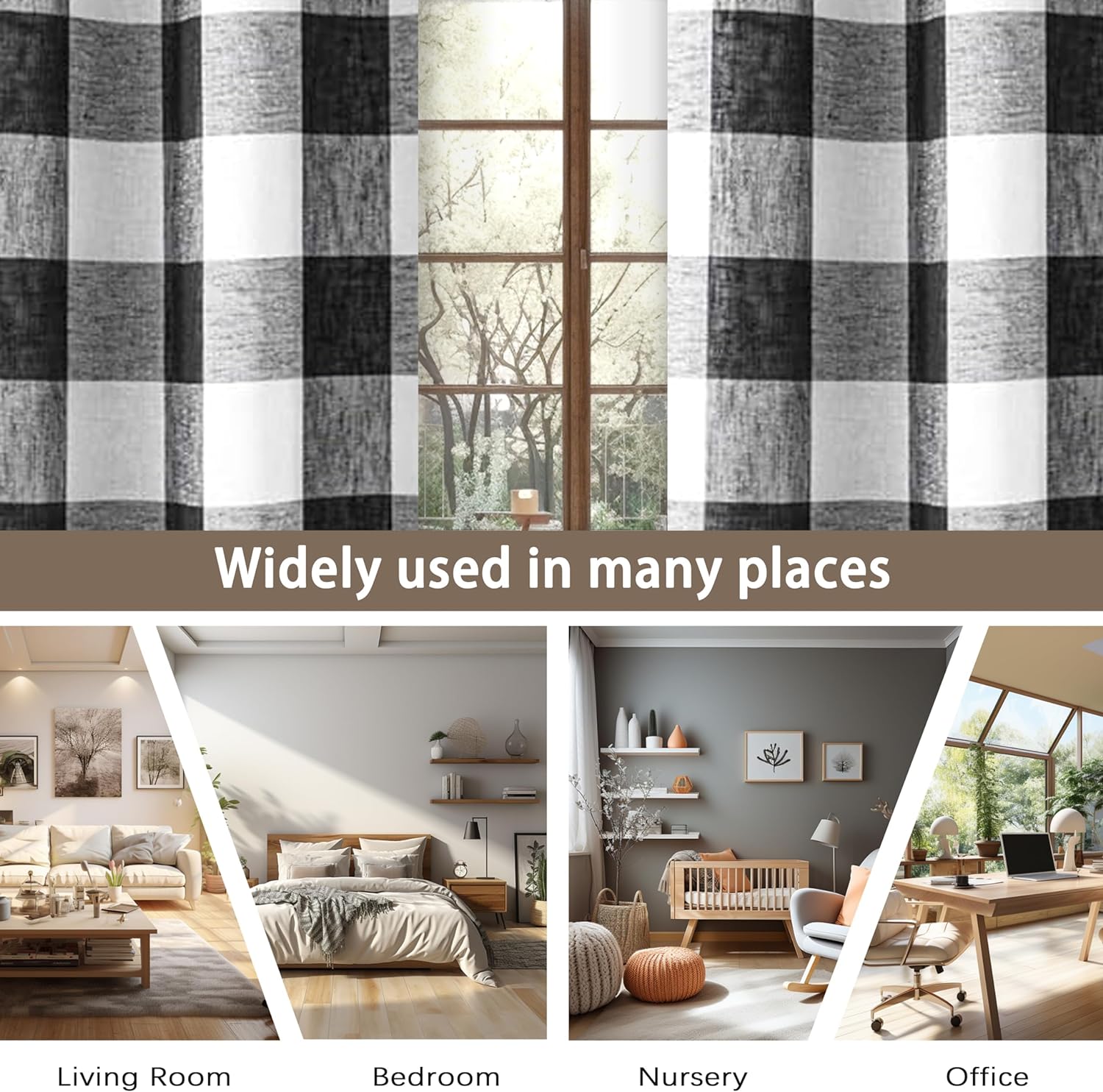 DriftAway Buffalo Check Woven Plaid Pattern Lined Blackout Thermal Insulated Window Curtain Grommet, 2 Panels, 50" x 84", Black