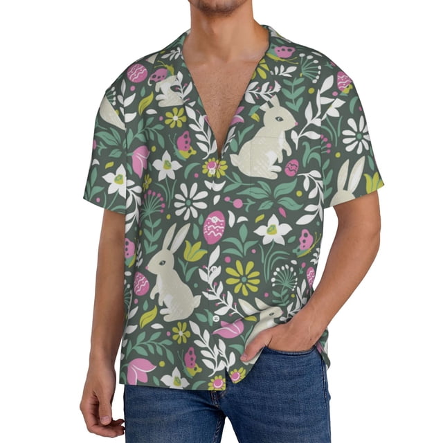 Balery Retro Bunny Floral Camisa Casual de Manga Corta con Botones para Hombre, Texturizada, Estilo Cubano, para Playa, Verano-X-Large