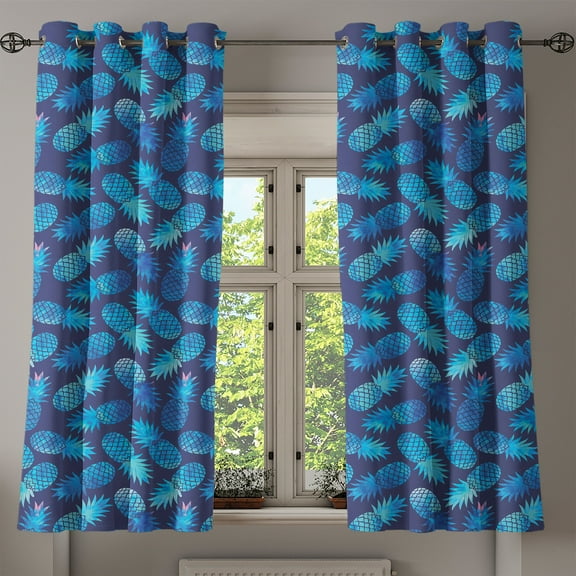 Ambesonne Pastel Grommet Curtain, Tropical Pineapple Blue, 50" x 63", Dark Blue Pale Blue