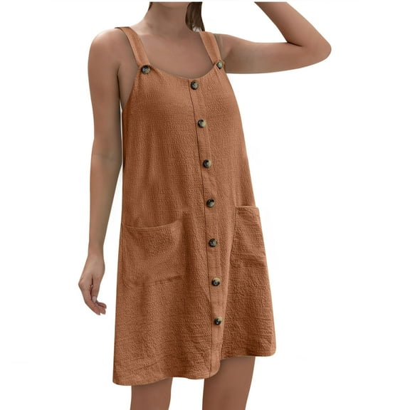 ShomPort Summer Casual Dress for Women Loose Mini Dress with Pockets Sleeveless Round Neck Button Dresses