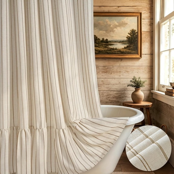Ruffle Shower Curtain, Striped Linen Shower Curtain Set with 12 Hooks for Bathroom, Tan Bath Curtains Weighted Cloth, 72" W x 72" L