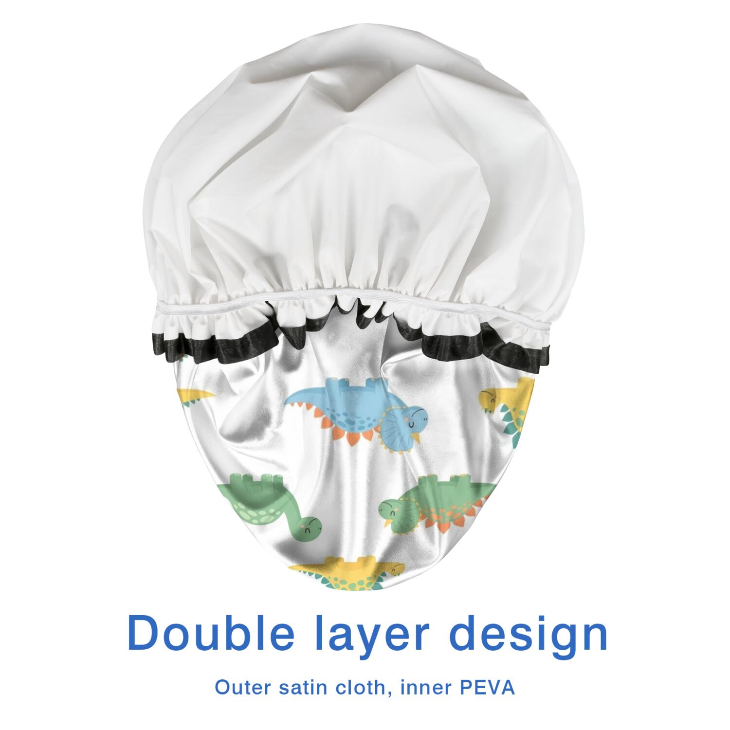 Shower Caps,White Cartoon Dinosaurs Pattern Waterproof Shower Cap for Women 4 Pieces,Double Reusable Hair Cover for Shower PEVA Elastic Stretch Hem