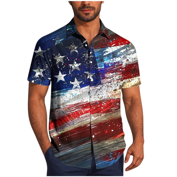 Mens Casual Manga Corta Botón Abajo Camisas, Cuello de Vuelta Impresión Del Día de la Independencia para el Verano, Al Aire Libre Y Casual