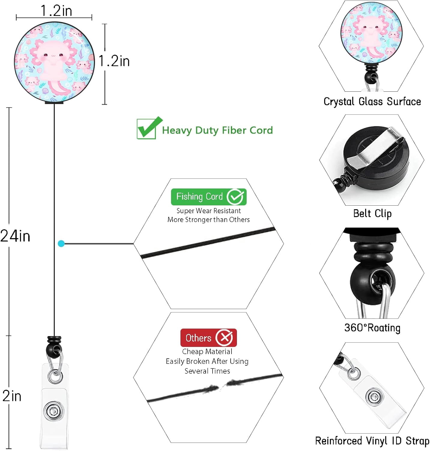 MM ID Badge Holder with Breakaway Lanyard, Lanyards for ID Badges Name Tags ID Card Holder, Cute Badge Reel Badge Clip Retractable, Teacher Nurse Nursing Student School Office Gifts, Axolotl Arts