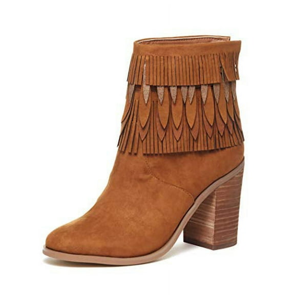 Yellow Box Sunny Chestnut Boho Chik Layered Fringe Stacked Heel Ankle Booties (Chestnut, 8.5)