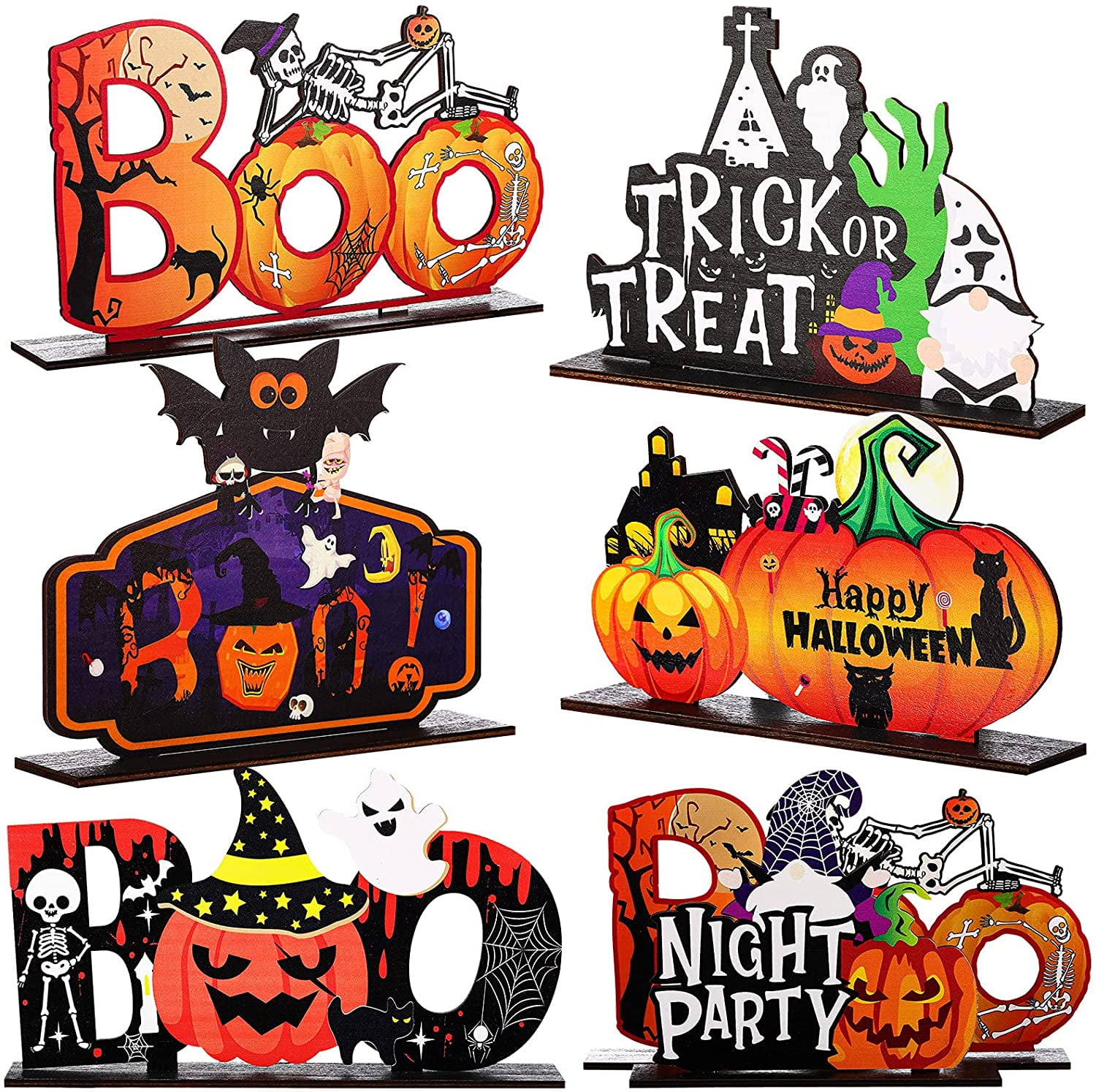 Table Toppers Wooden Standing Pumpkin and Boo Sign Topways Halloween Wooden Centerpiece Decorations Spooky Cat Table Centerpieces for Decoration Halloween Party Office Bar Room