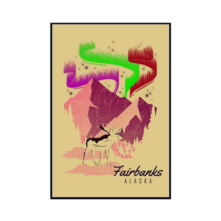 Fairbanks Imports Fairbanks, Alaska - Northern Lights, Mountains, Moose - Vector - Lantern Press Artwork (12x18 Framed Gallery Wrapped Stretched Canvas) ()