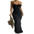 thumbnail image 1 of Femmes Robe Sans Manches avec des Bretelles Spaghetti Couleur Unie Croiser Longue Robe Bodycon Robe d'Été Clubwear Vin Rouge M, 1 of 7