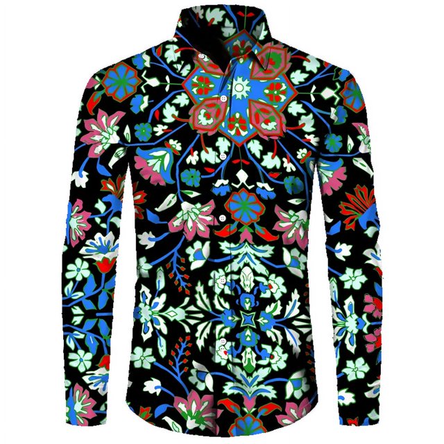 Camisa de moda para hombre, estampado 3D de flores de anacardo de cachemira, cuello vuelto, botones, manga larga, ropa de calle vintage para hombre y mujer