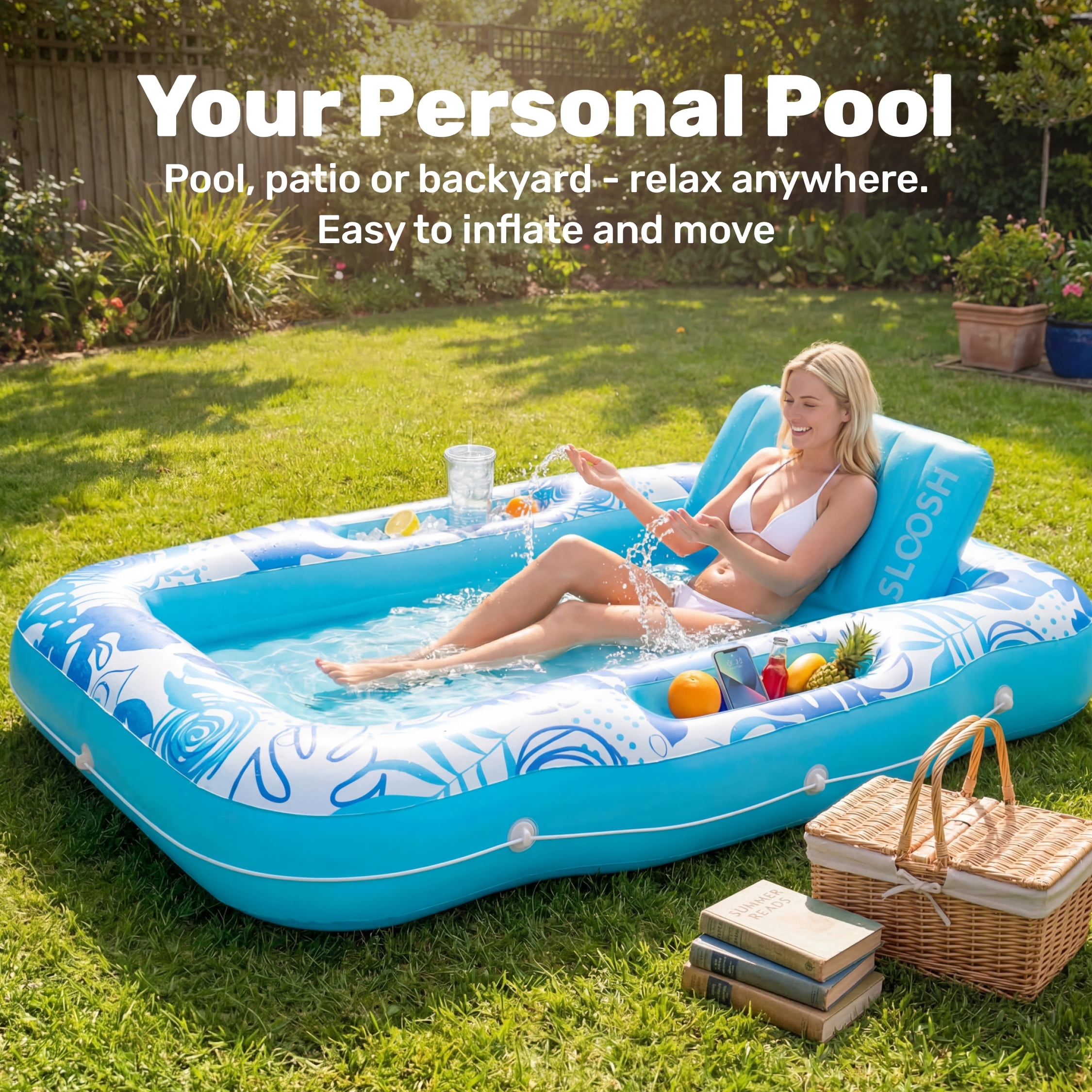 SLOOSH Inflatable Tanning Pool Lounger Float with Cooler, 70" x 46" Large Suntan Sun Tan tub for Adults, Tanning chair, Bed Blow up, Raft Lounge Floatie