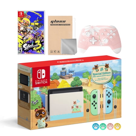 Nintendo Switch Animal Crossing Limited Edition 32GB Console Bundle with Splatoon 3 Game, Mytrix Sakura Pink Wireless Pro Controller and Accessories - the Most Popular Game