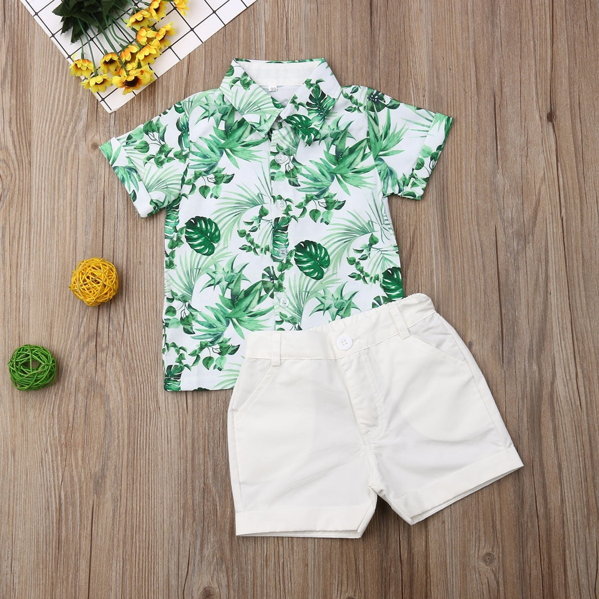 Emmababy Toddler Kids Baby Boy Gentleman Green Leaf Printing Short Sleeve T Shirt Button Shirts Shorts Pants 2pcs Summer Outfits 1 6y Other