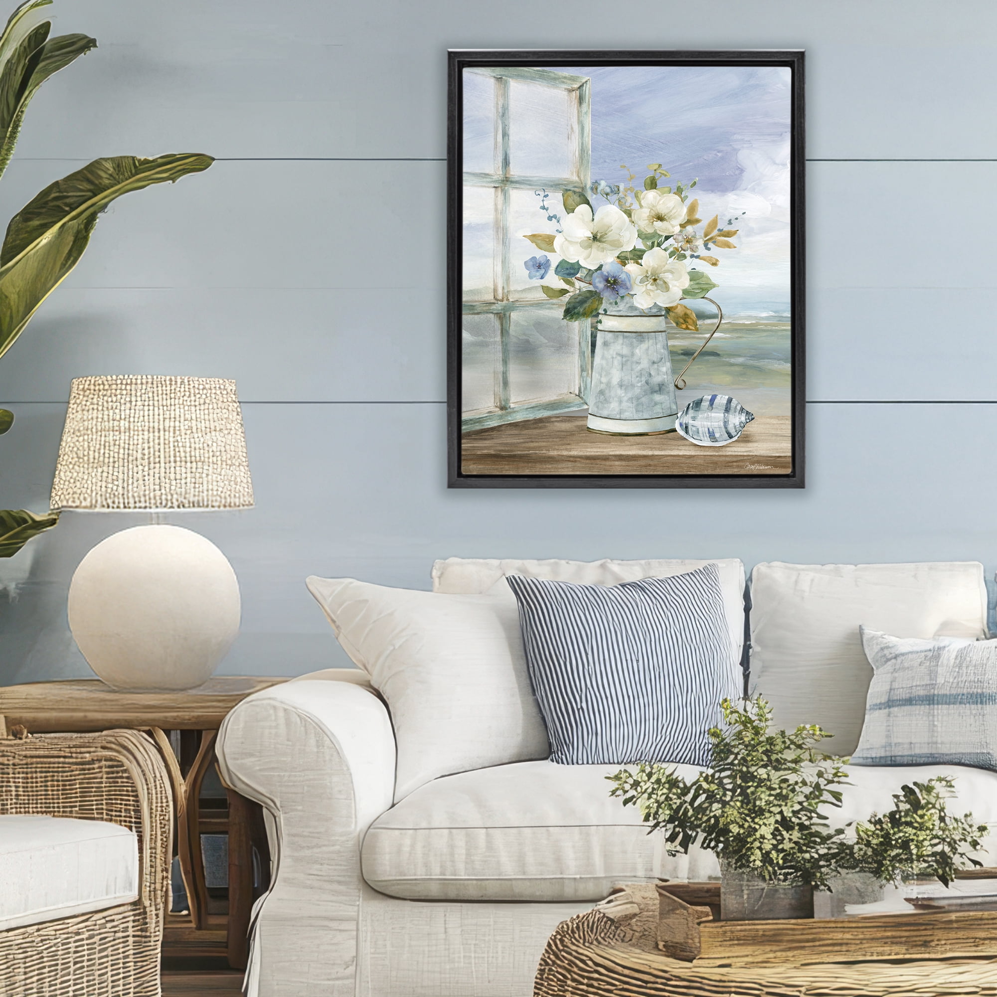 Stupell Industries Seaside Floral Bouquet Window Black Framed Floater Canvas Wall Art, design by Carol Robinson