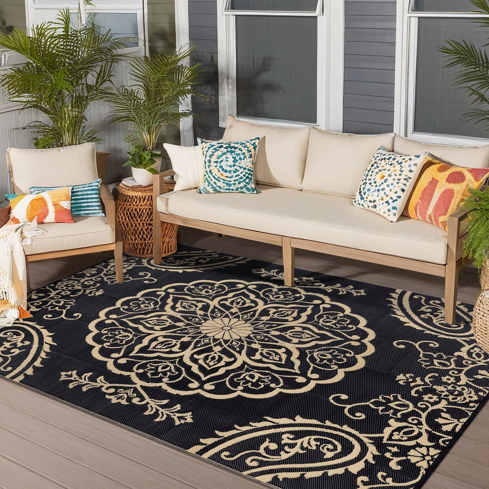 MeyJey Outdoor Rug 6'x9' Reversible Waterproof Area Rug Plastic Mat for RV Patio Camping Black