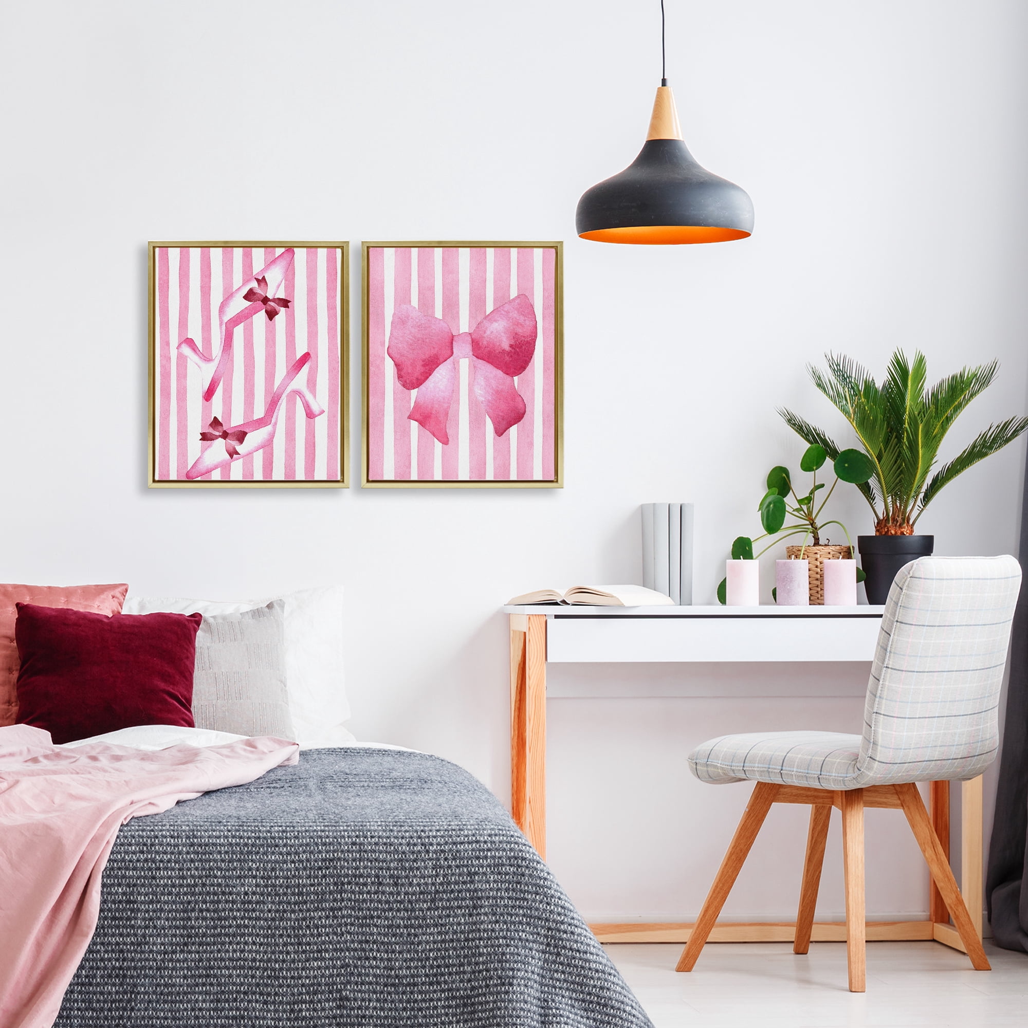 Stupell Industries Feminine Chic Bows Pink Stripes 2 Piece Gold Framed Floater Canvas Set, design by Camila Juncos
