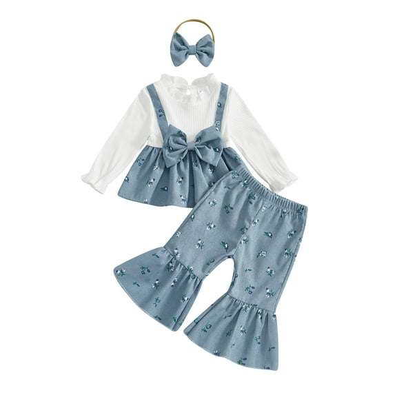 Loicainy Kid Toddler Girls Flare Pants Clothes Set 5 12 18 24 Months 2T 3T 4T Long Sleeve Crew Neck Dress with Floral Pants Headband Fall Outfit